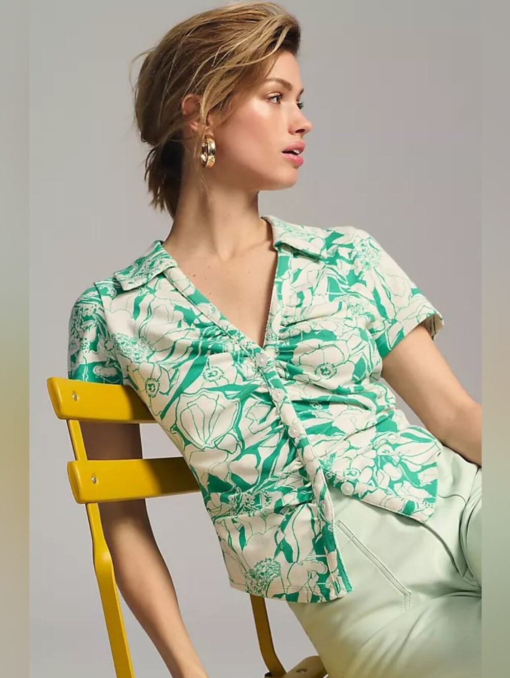 Anthropologie Maeve Green White Ruched Crop Button-down Collar Top Medium